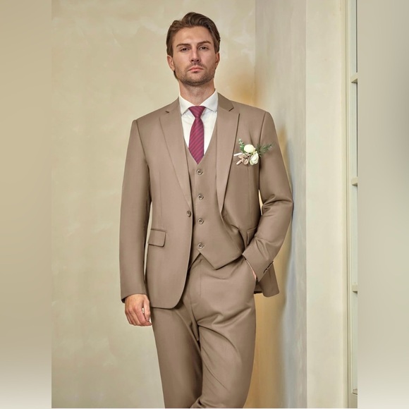 WULFUL Men's Slim Fit One Button 3-Piece Suit-Blazer Vest & Pant